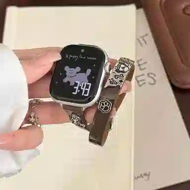 老佳 苹果适用 手表表带 牛皮材质 卡通小狗牛皮双圈表带男女通用