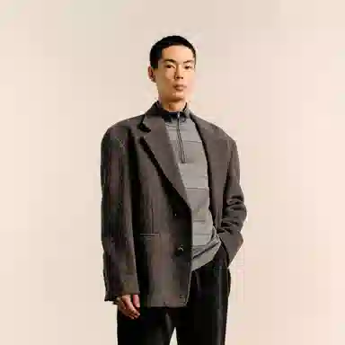 速写 纯色简约宽松休闲商务毛呢厚款西装 男款 杂灰咖
