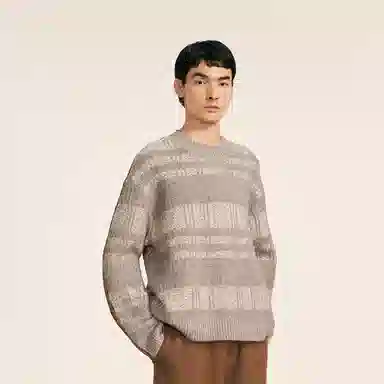 速写 羊毛提花圆领格纹复古拼接毛衫保暖毛衣 男款