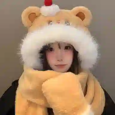恩僾德 小熊爱吃蛋糕!三件套一体防寒保暖护耳可爱百搭显脸小 涤纶 斗篷帽 男女同款情侣款