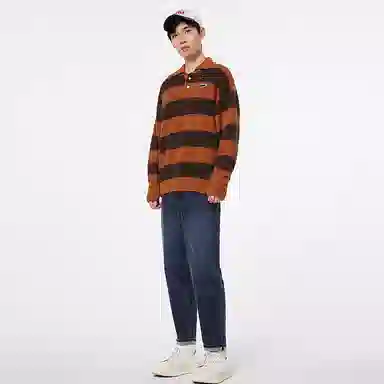 美特斯邦威 国潮条纹翻领针织长袖保暖上衣毛衣 男款