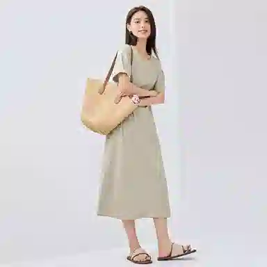 佐丹奴 收腰圆领梭织休闲短袖连衣裙 女款