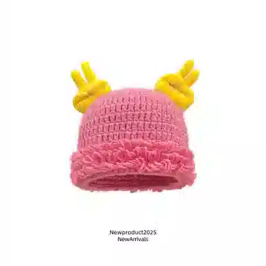 恩僾德 可爱搞怪比耶针织套头帽女秋冬秋冬季高颜值小众百搭出游保暖护耳显脸小时尚针织 聚酯纤维 绒线帽 男女同款情侣款