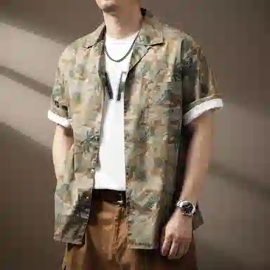贵色 美式休闲百搭宽松短袖衬衫 男女同款 卡其