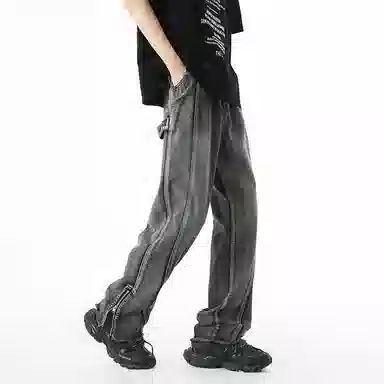 童先森 美式高街脏洗潮牌做旧直筒休闲微喇长裤牛仔裤 男款