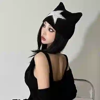 恩僾德 萌趣猫星人小众可爱猫耳星星毛线套头帽保暖毛绒包头帽 聚酯纤维 绒线帽 男女同款情侣款