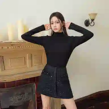 Three Quarters Turtleneck Rhinestone Sweater Black