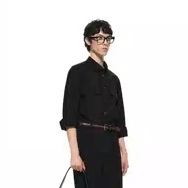 速写 黑支线 宽松简约纯色优雅口袋通勤长袖衬衫 男款