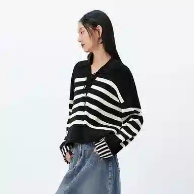 太平鸟 简约条纹毛针织衫时尚线套衫宽松毛衣内搭 女款
