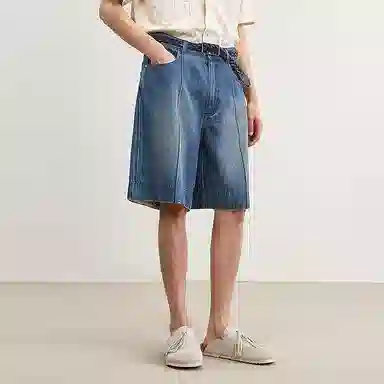速写 水洗做旧复古宽松直筒街头休闲牛仔短裤 男款