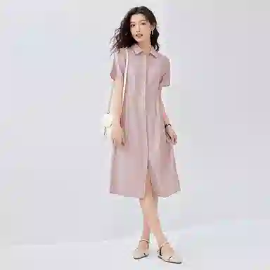 佐丹奴 收腰纯色翻领简约百搭短袖连衣裙 女款