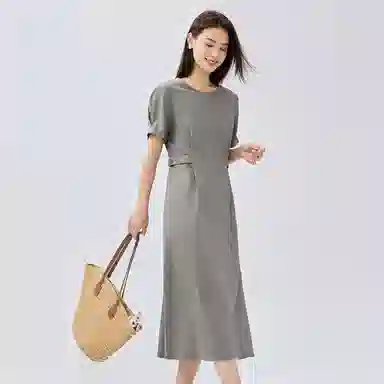 佐丹奴 收腰圆领梭织休闲短袖连衣裙 女款