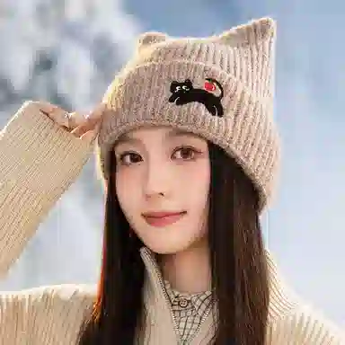 恩僾德 韩版秋冬季帽子女款毛线显脸小包头帽百搭可爱猫耳保暖 涤纶 绒线帽 男女同款情侣款