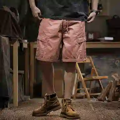 遨宇 美式复古薄款工装宽松直筒五分裤潮流纯棉中裤带简约纯色百搭休闲短裤 男女同款