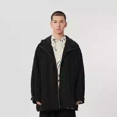 速写 纯色宽松长袖连帽拉链棉服 男女同款