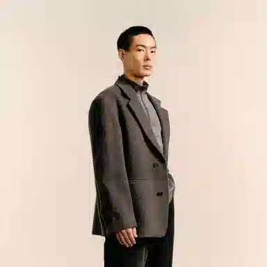 速写 纯色简约宽松休闲商务毛呢厚款西装 男款 杂灰咖