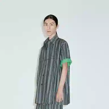 速写 工装条纹中长款翻领短袖衬衫 男女同款
