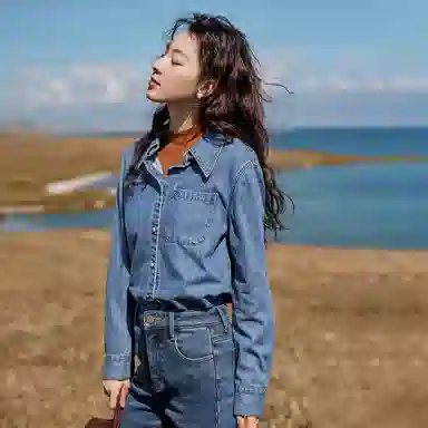 茵曼 纯色刺绣长袖衬衫 女款 牛仔蓝