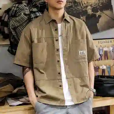 遨宇 夏季 纯棉潮牌多口袋拼接短袖工装短衫男美式重磅水洗百搭衬衣外套衬衫 宽松型 男女同款