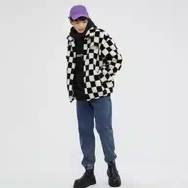 美特斯邦威 国潮撞色棋盘格加厚棉服 男款