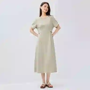 佐丹奴 收腰圆领梭织休闲短袖连衣裙 女款