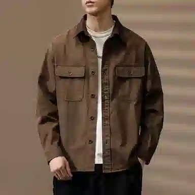 贵色 男士翻领百搭夹克纯棉休闲百搭衬衣外套美式简约痞帅明线工装重磅水洗咖色长袖衬衫 男女同款