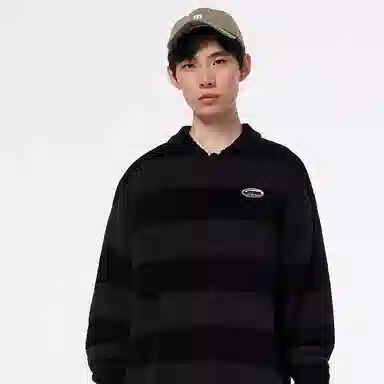 美特斯邦威 国潮条纹翻领针织长袖保暖上衣毛衣 男款