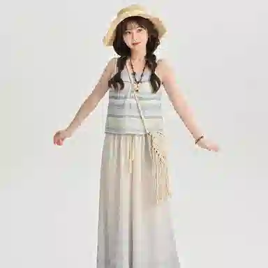 森女部落 原创拼接蕾丝渐变吊带外穿度假风波西米亚风 女款