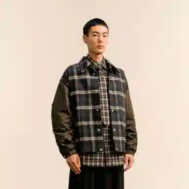 速写 街头潮流复古休闲格纹拼接宽松棉服 男款