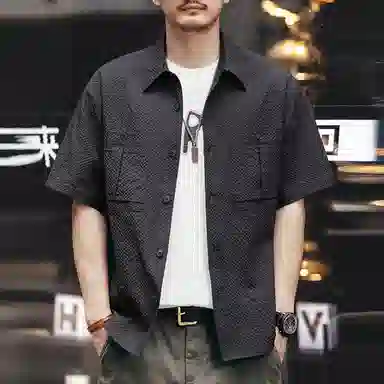 格蓝鹿 高级感潮速干透气牌冰丝纽扣落肩城市机能翻领纯色宽松短袖衬衫 男女同款 黑色