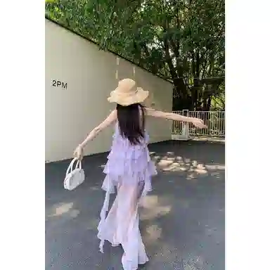 水中花 荷叶边网纱挂脖纯色长款无袖连衣裙 女款