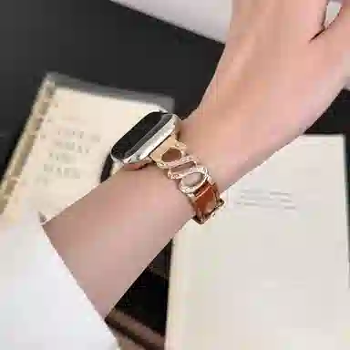 老佳 苹果适用 手表表带 牛皮材质 镶钻金属拼皮表带男女通用
