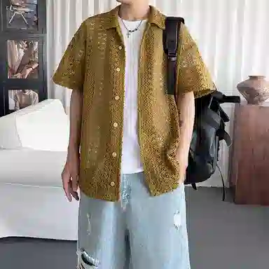 金盾 镂空棕绿翻领纯色短袖衬衫 男款