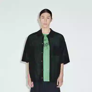 速写 条纹短款单排扣翻领短袖针织衫 男款