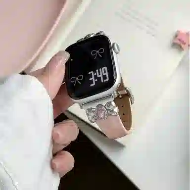 老佳 苹果适用 手表表带 牛皮材质 蝴蝶结镶钻接头牛皮表带男女通用