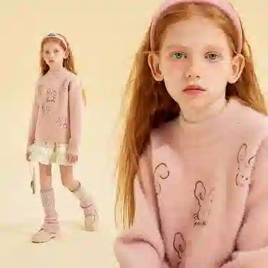 青蛙王子 时尚洋气可爱百搭卡通兔子字母印花长袖毛衣 粉红色 中小童