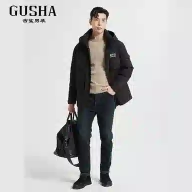 古鲨 户外时尚工装连帽中长款外套羽绒服 男款