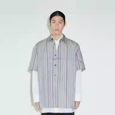 速写 工装条纹中长款翻领短袖衬衫 男女同款