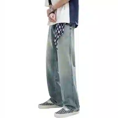 童先森 美式高街宽松直筒复古水洗做旧牛仔裤 男款