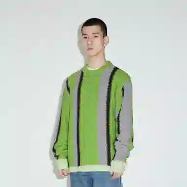 速写 撞色拼接条纹长袖套头毛衣 男女同款 灰红绿蓝条