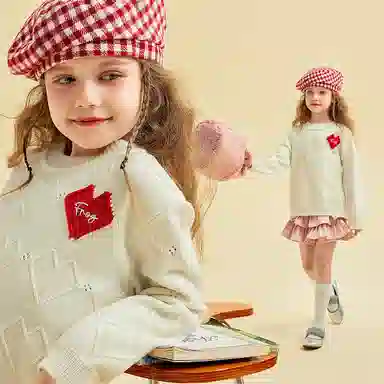 青蛙王子 舒适宽松潮流纯色柔软爱心百搭毛衣 本白 儿童款