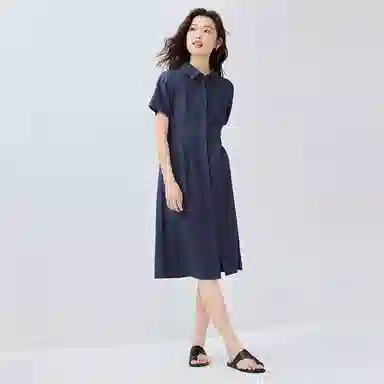 佐丹奴 收腰纯色翻领简约百搭短袖连衣裙 女款