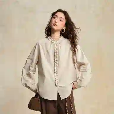 佐丹奴 纯棉花边小立领梭织长袖衬衫 女款