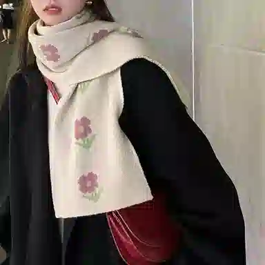 恩僾德 日系温柔小清新花朵针织小花保暖高级感学院风潮 涤纶 绒线围巾 男女同款情侣款