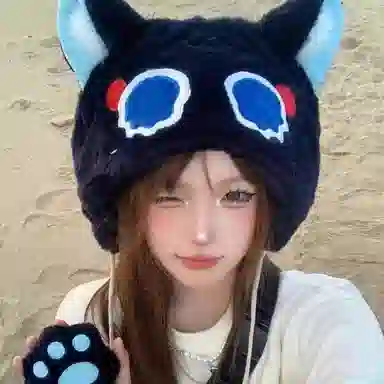 恩僾德 可爱猫耳朵毛绒绒加绒加厚保暖骑车 聚酯纤维 帽子 男女同款情侣款