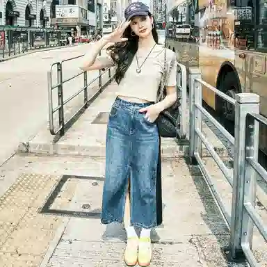 美洋 双生牛仔裙 小众拼接卫裙松紧腰前开叉直筒牛仔长裙 女款 蓝色