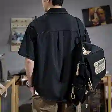 遨宇 夏季 美式休闲复古多口袋缉明线重磅牛仔工装短袖衬男五分袖衬衣休闲外套衬衫 宽松型 男女同款