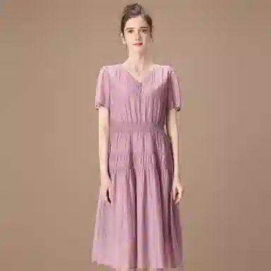 粉红玛琍 春 抽褶短袖连衣裙 收腰 女款 紫色