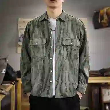 遨宇 美式复古潮牌印染水洗灯芯绒长袖宽松重磅休闲户外衬衫 男女同款