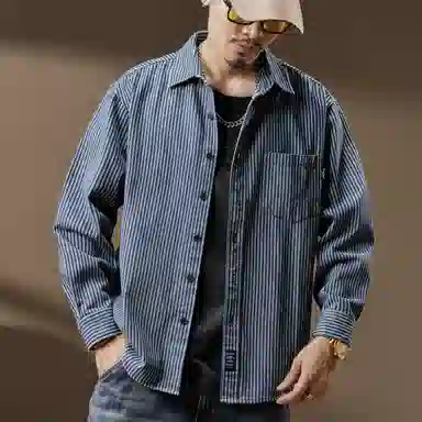 贵色 休闲百搭牛仔翻领帅气大码美式复古条纹潮流百搭叠穿蓝色长袖衬衫 男女同款